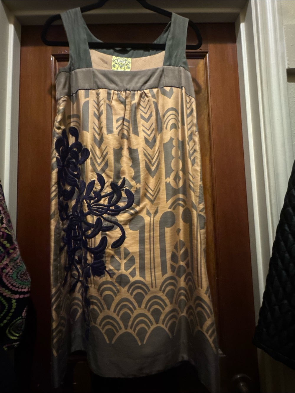 Floreat Gold and Gray Midi Dress with Navy Floral Appliqué